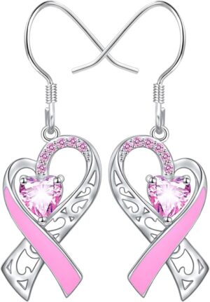 Breast Cancer Awareness Earrings For Women, Pink Ribbon Heart Dangle Drop Earrings Breast Cancer Survivor Gift Support Christmas Thanksgiving Holiday Jewelry