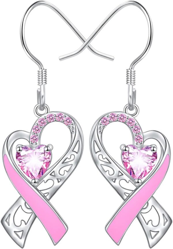 Breast Cancer Awareness Earrings For Women, Pink Ribbon Heart Dangle Drop Earrings Breast Cancer Survivor Gift Support Christmas Thanksgiving Holiday Jewelry
