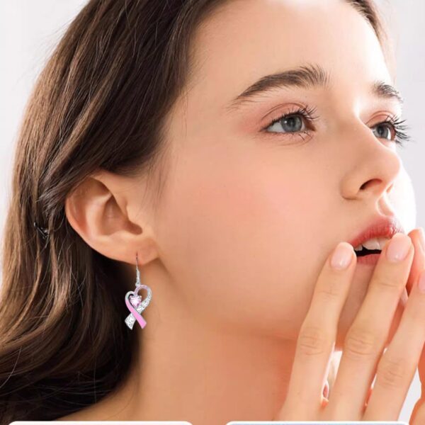 Breast Cancer Awareness Earrings For Women, Pink Ribbon Heart Dangle Drop Earrings Breast Cancer Survivor Gift Support Christmas Thanksgiving Holiday Jewelry - Image 2