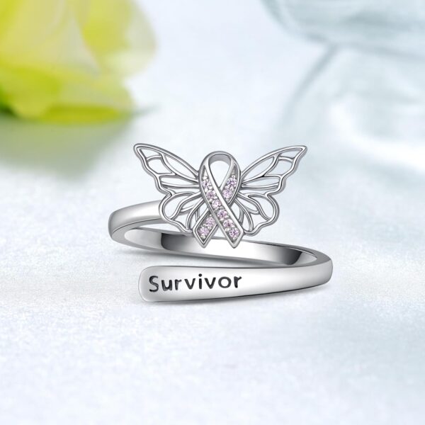 Breast Cancer Awareness Ring 925 Sterling Silver Cancers Survivor Ring Adjustable Breast Cancer Survivor Gifts for Woman - Image 2