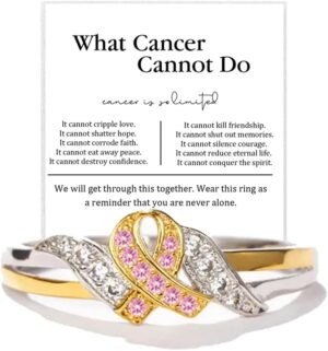 Breast Cancer Awareness Ring For Women，14k Gold Cubic Zirconia Pink Ribbon Survivor Rings To My Daughter/Best Friend Inspirational Gifts Jewelry