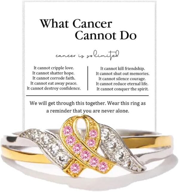 Breast Cancer Awareness Ring For Women，14k Gold Cubic Zirconia Pink Ribbon Survivor Rings To My Daughter/Best Friend Inspirational Gifts Jewelry