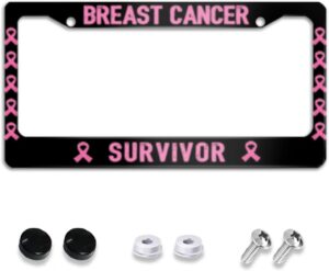 Breast Cancer Survivor Awareness License Plate Frames, Pink Ribbon License Plate Holder Car Accessories for Women October Car Tag Accessory with 2 Holes Screws Stainless Aluminum Decoration 12x6 Inch