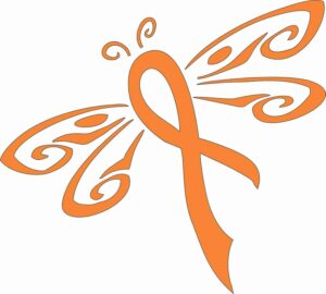 Cancer Ribbon Dragonfly Awareness - Die Cut Vinyl Window Decal/Sticker for Car/Truck (Orange)