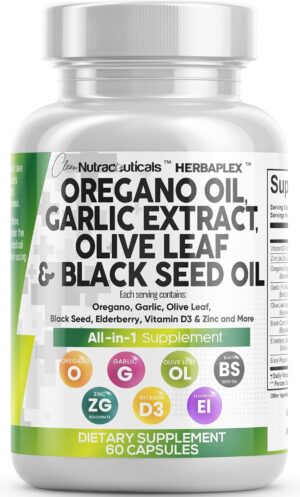 Clean Nutra Oregano Oil with Black Seed Oil Garlic Olive Leaf Extract - Oil of Oregano Capsules Immune Support Carvacrol & Thymoquinone Supplement for Women and Men + Elderberry Vitamin D3 & Zinc