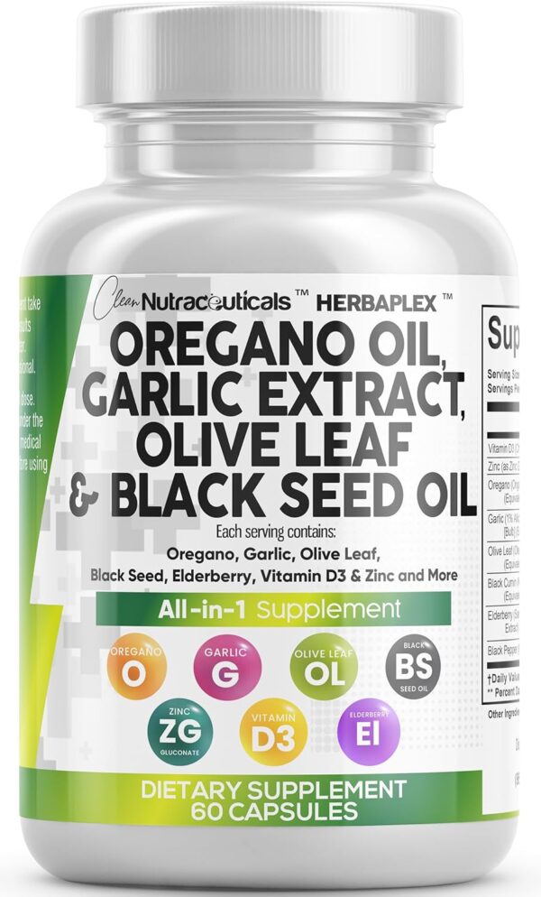 Clean Nutra Oregano Oil with Black Seed Oil Garlic Olive Leaf Extract - Oil of Oregano Capsules Immune Support Carvacrol & Thymoquinone Supplement for Women and Men + Elderberry Vitamin D3 & Zinc