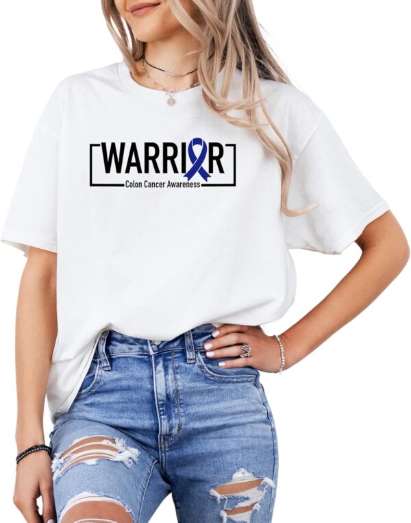Colon Cancer's Awareness T-Shirt - Warrior or Support Squad - Unisex Classic Fit Short Sleeve Tee - Dark Blue Ribbon