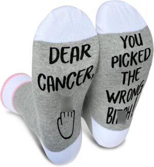 Dear Cancer You Picked The Wrong, Cancer Socks, Women Men Gift for Cancer Surgery Recovery, Breast Cancer Survivor Gift, Chemo Gift, Novelty Gift for Thanksgiving Christmas Birthday, 1 Pair-24