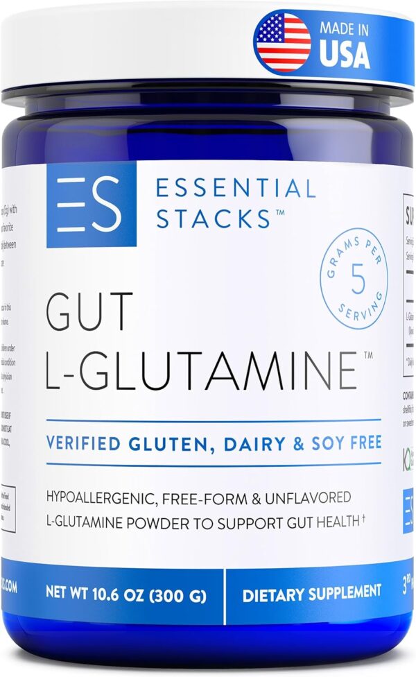 Essential Stacks Gut L-Glutamine Powder - Exclusively Made in USA - Pure L Glutamine Powder for Gut Health (60 Servings, Unflavored)