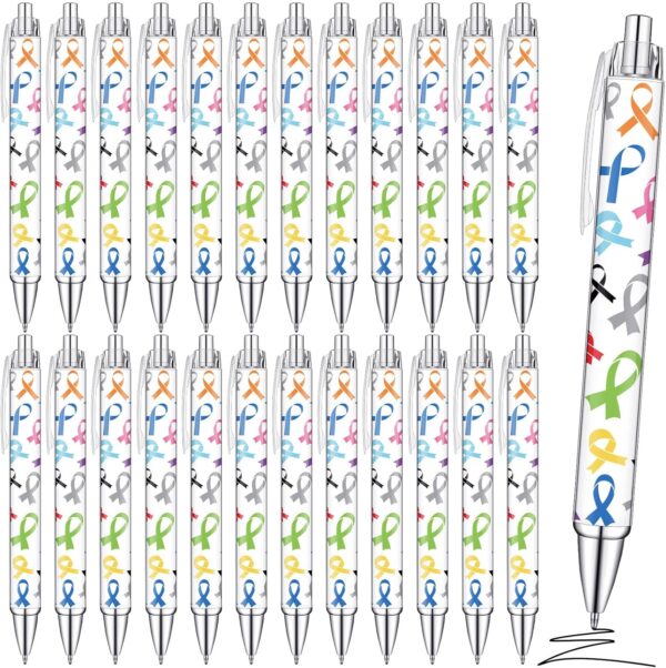 Fulmoon 36 Pieces Cancer Awareness Ballpoint Pens Bulk Colorful Ribbon Retractable Gel Pen Black Ink Cancer Awareness Accessories for Public Events Charity Supplies Decor