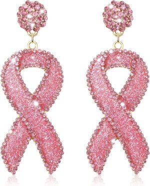 Glitter Rhinestone Pink Ribbon Drop Earrings Beaded Breast Cancer Awareness Earrings Jewelry for Women Breast Cancer Survivor Support Jewelry Gifts