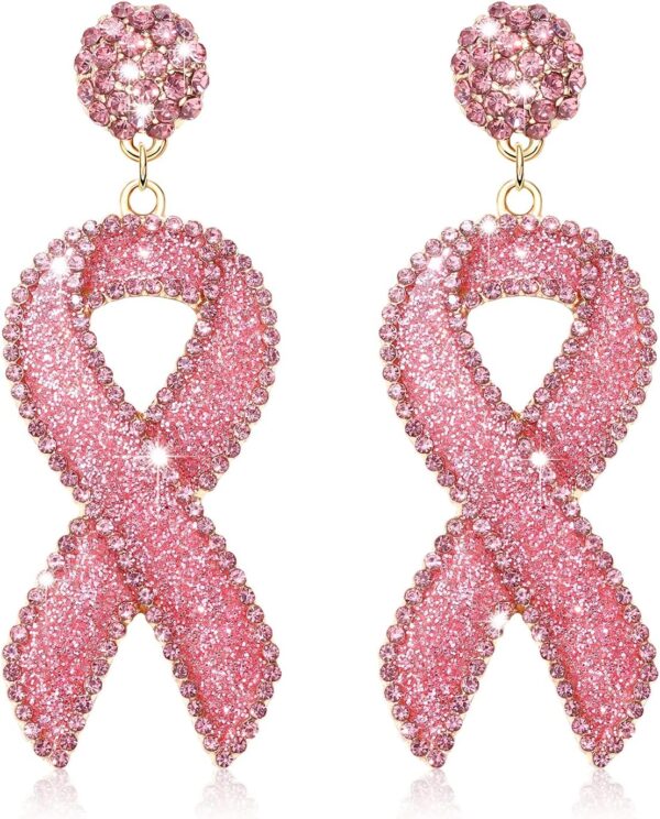 Glitter Rhinestone Pink Ribbon Drop Earrings Beaded Breast Cancer Awareness Earrings Jewelry for Women Breast Cancer Survivor Support Jewelry Gifts