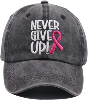 HHNLB Women's Pink Ribbon Logo Breast Cancer Awareness Hat, Embroidered Adjustable Never Give Up Baseball Cap