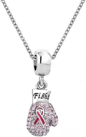 KunBead Boxing Glove Fight Breast Cancer Awareness Pink Ribbon Crystal Charm 18 inch Pendant Necklace for Women
