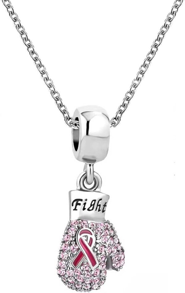 KunBead Boxing Glove Fight Breast Cancer Awareness Pink Ribbon Crystal Charm 18 inch Pendant Necklace for Women
