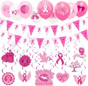 Libima 101 Pcs Breast Cancer Awareness Decorations, Pink Ribbon Hanging Swirls Cancer Awareness Pennant Banner Cancer Survivor Latex Balloon for Cancer Free Public Charity Activity Party Decor Supply