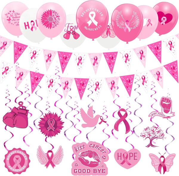 Libima 101 Pcs Breast Cancer Awareness Decorations, Pink Ribbon Hanging Swirls Cancer Awareness Pennant Banner Cancer Survivor Latex Balloon for Cancer Free Public Charity Activity Party Decor Supply