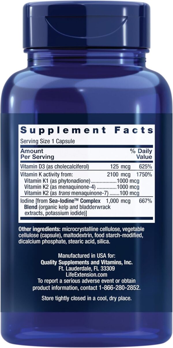Life Extension Vitamins D and K with Sea-Iodine, vitamin D3, vitamin K1 and K2, iodine, supports immune, bone, arterial and thyroid health, non-GMO, gluten-free, 60 capsules - Image 2