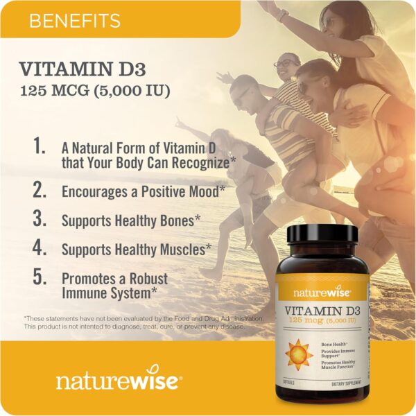 NatureWise Vitamin D3 5000iu (125 mcg) 30-Day Supply for Immune Support, Healthy Muscle Function, and Bone Health - Non-GMO, Gluten Free in Organic Extra Virgin Olive Oil, (Mini Softgel), 30 Count - Image 2