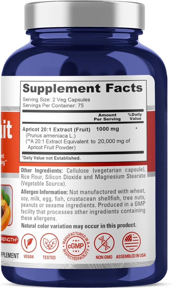 NusaPure Apricot 20:1 Extract, 1000 mg Equivalent to 20,000mg 150 Veggie Capsules (Vegan, Non-GMO) - Image 2