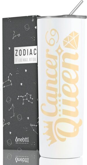 Onebttl Zodiac Gifts for Women, Best Friend Birthday Gifts for Her, 20oz Stainless Steel Tumbler, Printed Logo Iridescent White, Cancer
