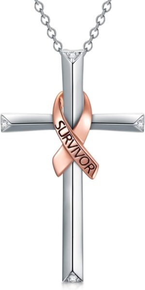 PEIMKO Breast Cancer Awareness Survivor Jewelry Gifts for Women, 925 Sterling Silver Breast Cancer Survivor Heart Pendant Necklace for Women Post Surgery Survivor Chemo