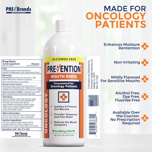 Prevention Oncology Alcohol Free Mouthwash, Soothing, Gentle, & Moisturizing, Mouthsore and Dry Mouth Mouthwash Specially Formulated for Patients Undergoing Oncology Treatment - 16 oz Bottle, 1-Pack - Image 2