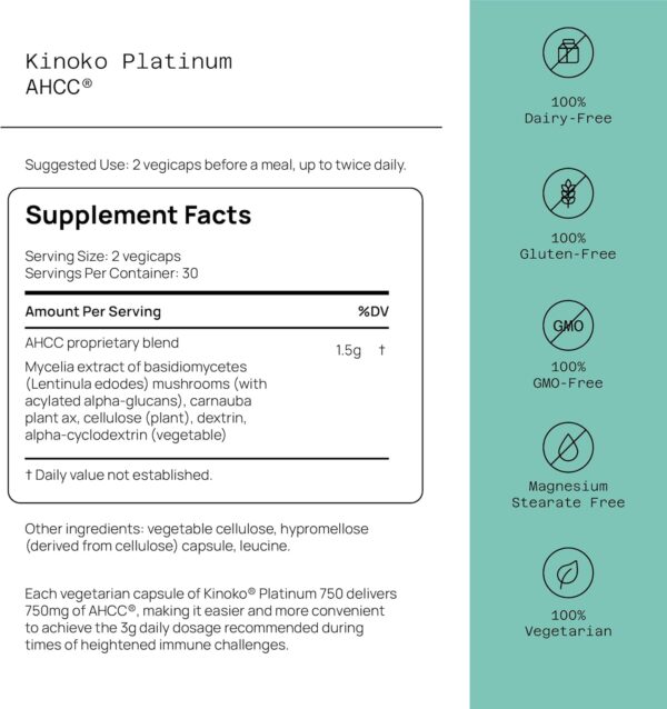 Quality of Life Premium Kinoko Platinum AHCC Herbal Supplement, 750mg of AHCC per Capsule, for Immune Support, Liver Function, Maintains Natural Killer Cell Activity, 1 Pack, 60 Veggie Capsules - Image 2