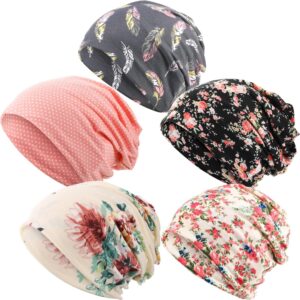 SATINIOR 5 Pieces Women's Slouchy Beanie Chemo Hat Stretch Cancer Head Wraps Sleep Head Scarf for Cancer Patient