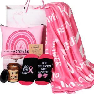 Tioncy 7 Pcs Breast Cancer Survivor Gifts for Women Include 50" x 60" Coral Fleece Throw Blanket Breast Cancer Awareness Accessories Gifts Basket Care Package for Survivor Chemo Patients