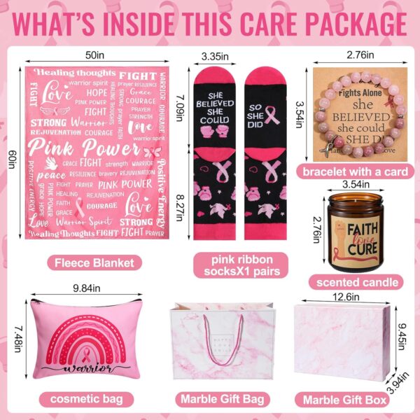 Tioncy 7 Pcs Breast Cancer Survivor Gifts for Women Include 50" x 60" Coral Fleece Throw Blanket Breast Cancer Awareness Accessories Gifts Basket Care Package for Survivor Chemo Patients - Image 2