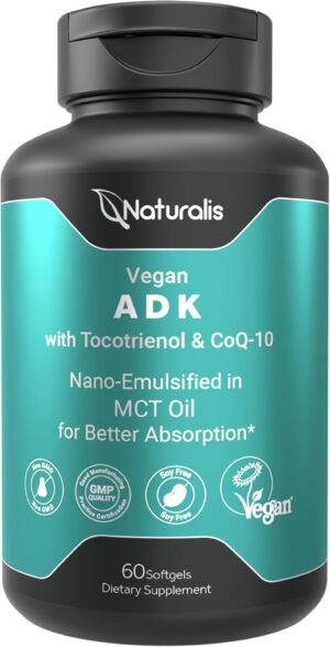 Vegan Vitamin ADK with Tocotrienol and CoQ-10 | Nano-Emulsified in MCT for Better Absoprtion | Non-GMO, Soy Free and Vegan Society Certified | 60 Veggie Softgels (Carrageenan Free)