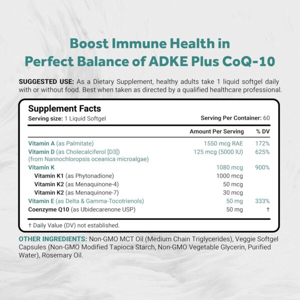 Vegan Vitamin ADK with Tocotrienol and CoQ-10 | Nano-Emulsified in MCT for Better Absoprtion | Non-GMO, Soy Free and Vegan Society Certified | 60 Veggie Softgels (Carrageenan Free) - Image 2