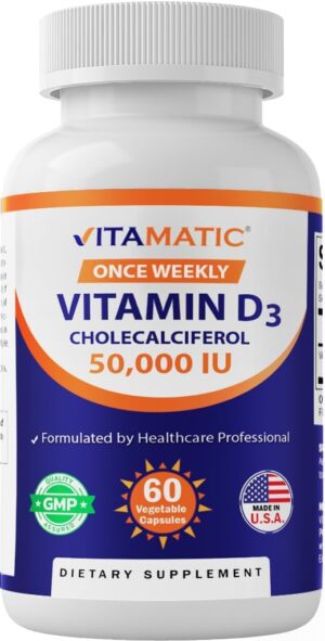 Vitamatic Vitamin D3 50,000 IU (as Cholecalciferol), Once Weekly Dose, 1250 mcg, 60 Veggie Capsules 1 Year Supply, Progressive Formula Helping Vitamin D Deficiencies (60 Count (Pack of 1))