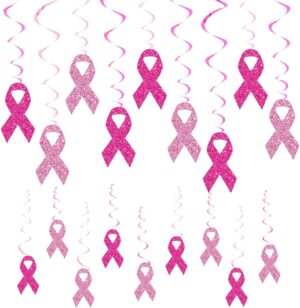 Whaline Breast Cancer Awareness Hanging Swirls Glitter Pink Ribbon Ceiling Spiral Streamers Hanging Ornaments for Home Party Wall Decoration Supplies, 18 Pcs