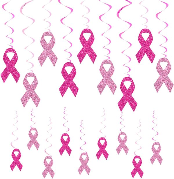 Whaline Breast Cancer Awareness Hanging Swirls Glitter Pink Ribbon Ceiling Spiral Streamers Hanging Ornaments for Home Party Wall Decoration Supplies, 18 Pcs