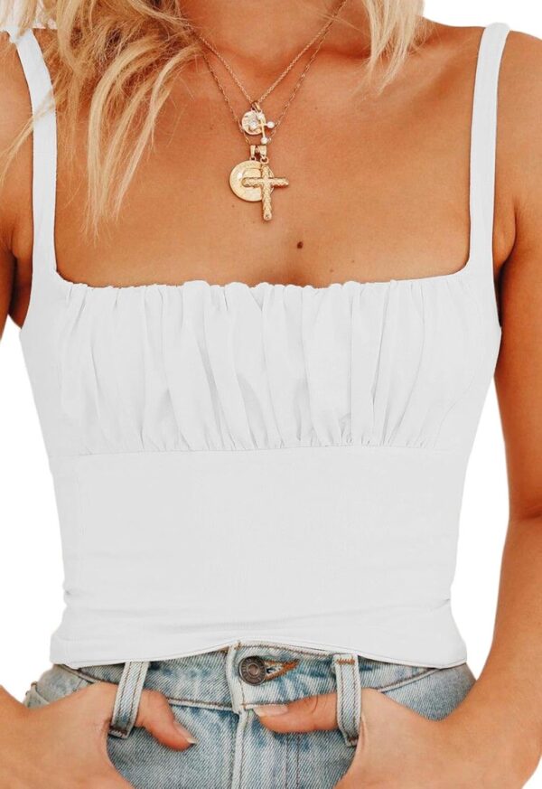 Women Crop Tank Top Sexy Square V Neck Double Lined Ruched Corset Cute Cropped Sleeveless Cami Summer Outfit Going Out Top
