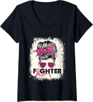 Womens Fighter Messy Bun Breast Cancer Awareness Pink Warrior V-Neck T-Shirt
