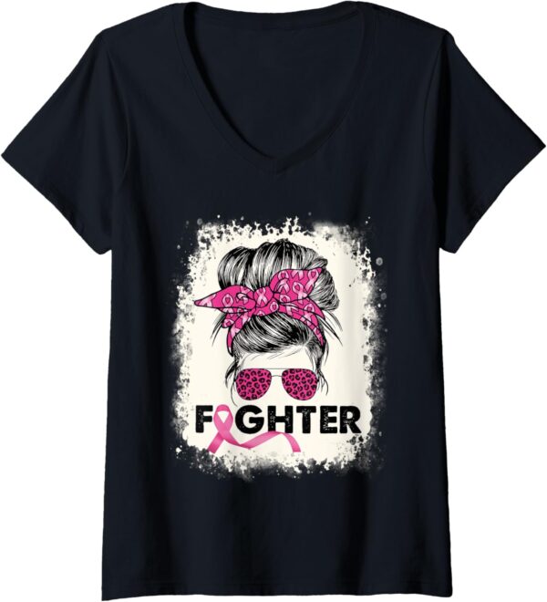 Womens Fighter Messy Bun Breast Cancer Awareness Pink Warrior V-Neck T-Shirt