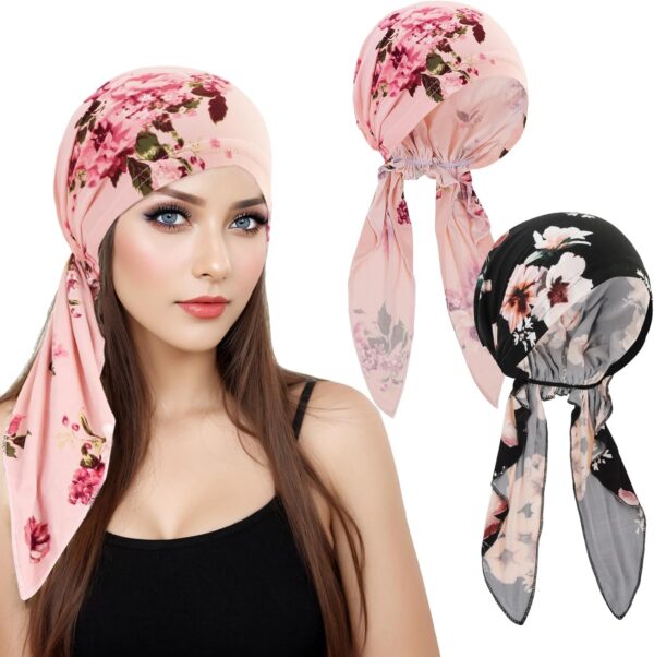 XEPST 2 PCS Chemo Headwear for Women, Pre Tied Chemo Cancer Headscarf Floral Print Turban Beanie Hat Elastic Cancer Hats Bonnet Head Coverings Head Wraps for Women Hair Loss Chemo Sleep Cap