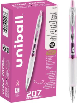 uni-ball 207 Retractable Gel Pens, Medium Point (0.7mm), Black, Pink Ribbon Edition, 12 Count