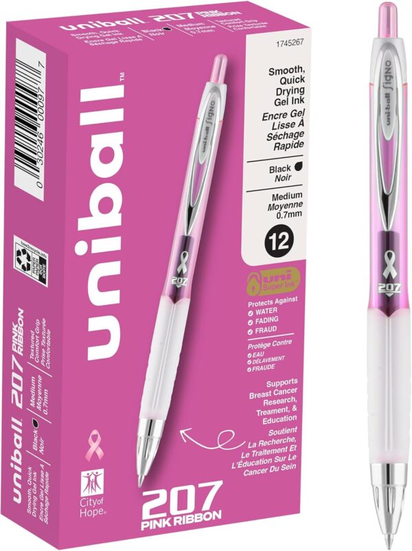 uni-ball 207 Retractable Gel Pens, Medium Point (0.7mm), Black, Pink Ribbon Edition, 12 Count