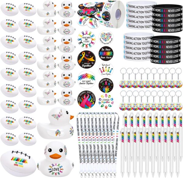 1140 Pcs Cancer Awareness Set Colorful Ribbon Oncology Nurse Accessories Include Lanyards Keychains Stickers Buttons Stress Balls Pens Silicone Bracelets Rubber Ducks