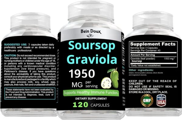 1950mg Soursop Graviola Capsules (Guanábana) Organic Leaves Powder Rich in Potent Anti-Oxidants - 120 Capsules 40 Servings - Image 4