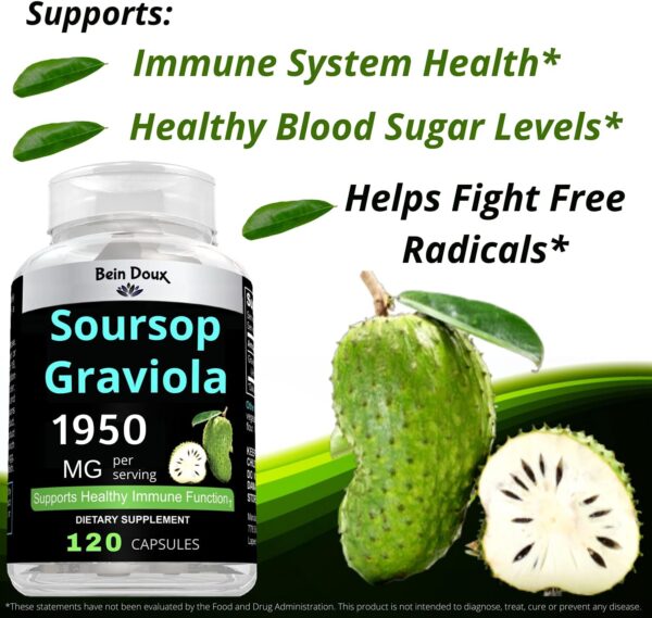1950mg Soursop Graviola Capsules (Guanábana) Organic Leaves Powder Rich in Potent Anti-Oxidants - 120 Capsules 40 Servings - Image 7