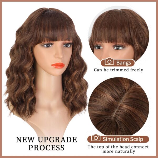Lativ Brown Highlight Wigs for Women Short Wavy Curly Bob Wig with Bangs Shoulder Length 14 Inches Synthetic Hair for Daily Party Use - Image 3