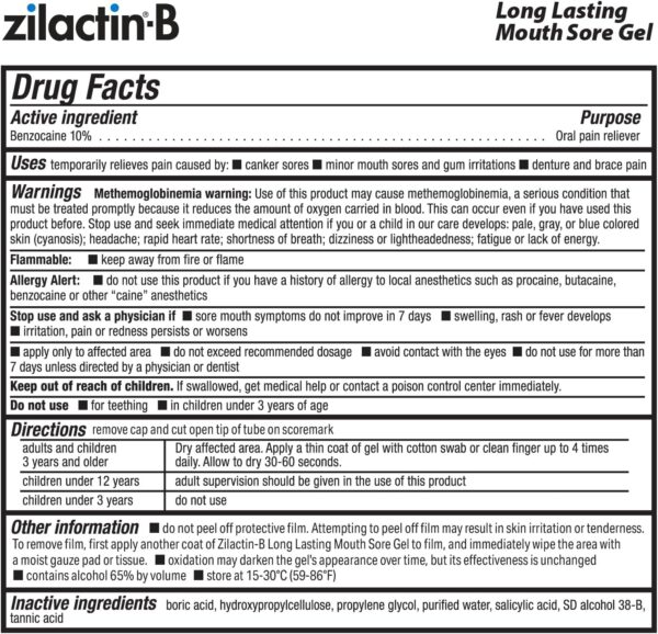 Zilactin-B Fast Acting Canker Sore Treatment - Long Lasting Protection and Oral Pain Relief of Canker Sores, Mouth Sores and Gum Irritations, Made in USA, 0.25oz Gel, Pack of 1 - Image 7
