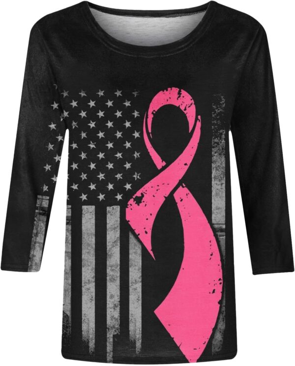 3/4 Sleeve Breast Cancer Awareness Tops for Women, Pink Ribbon Print Shirt, Cancer Warrior Tackle Lightweight Blouses - Image 3