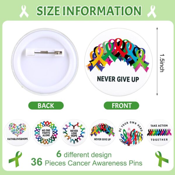 72 Pcs Cancer Awareness Accessories Include 36 All Cancer Ribbon Silicone Bracelet Wristband and 36 Button Badges Pins, Cancer Awareness Bracelets for Gift Hat Backpack Decoration - Image 3