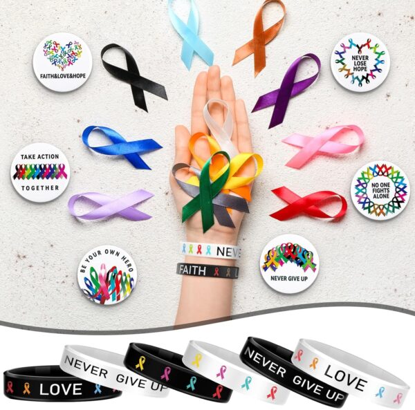 72 Pcs Cancer Awareness Accessories Include 36 All Cancer Ribbon Silicone Bracelet Wristband and 36 Button Badges Pins, Cancer Awareness Bracelets for Gift Hat Backpack Decoration - Image 4